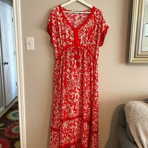 Red and cream floral dress